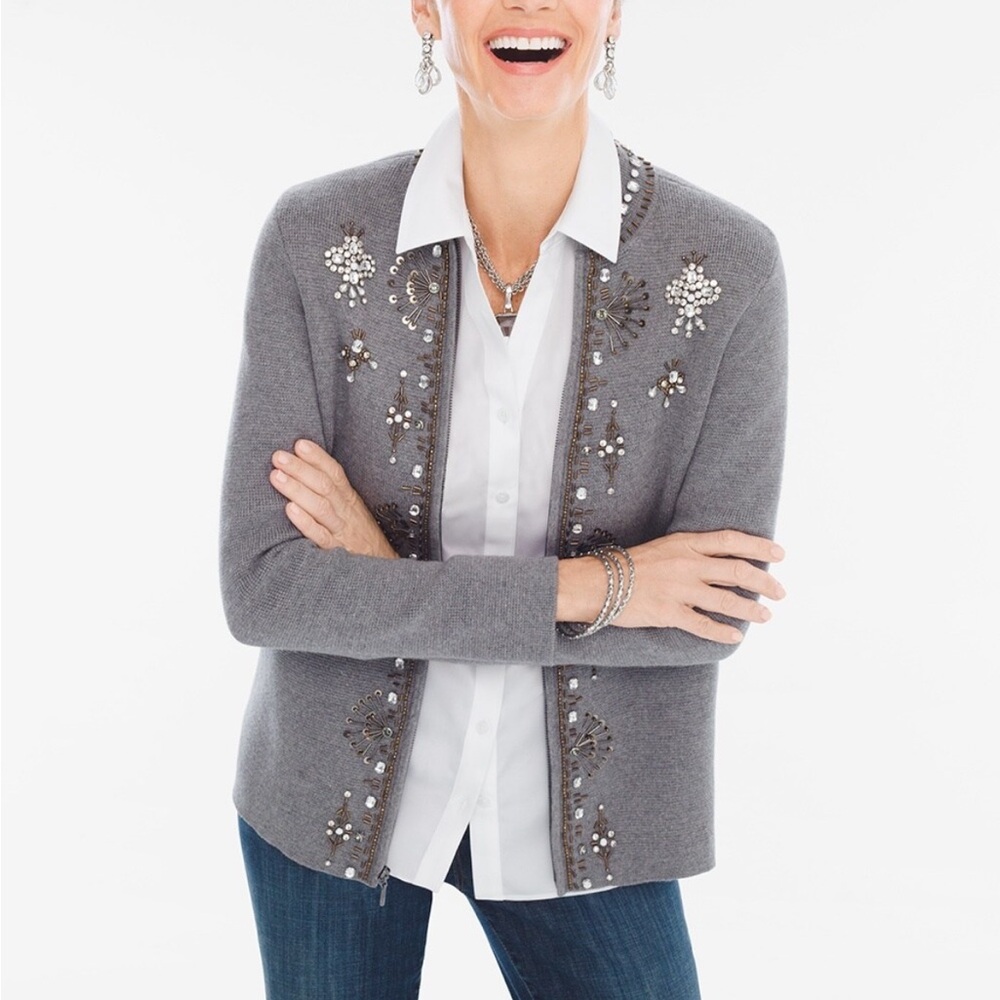 Chicos Beaded Placket Bejeweled Zip Cardigan